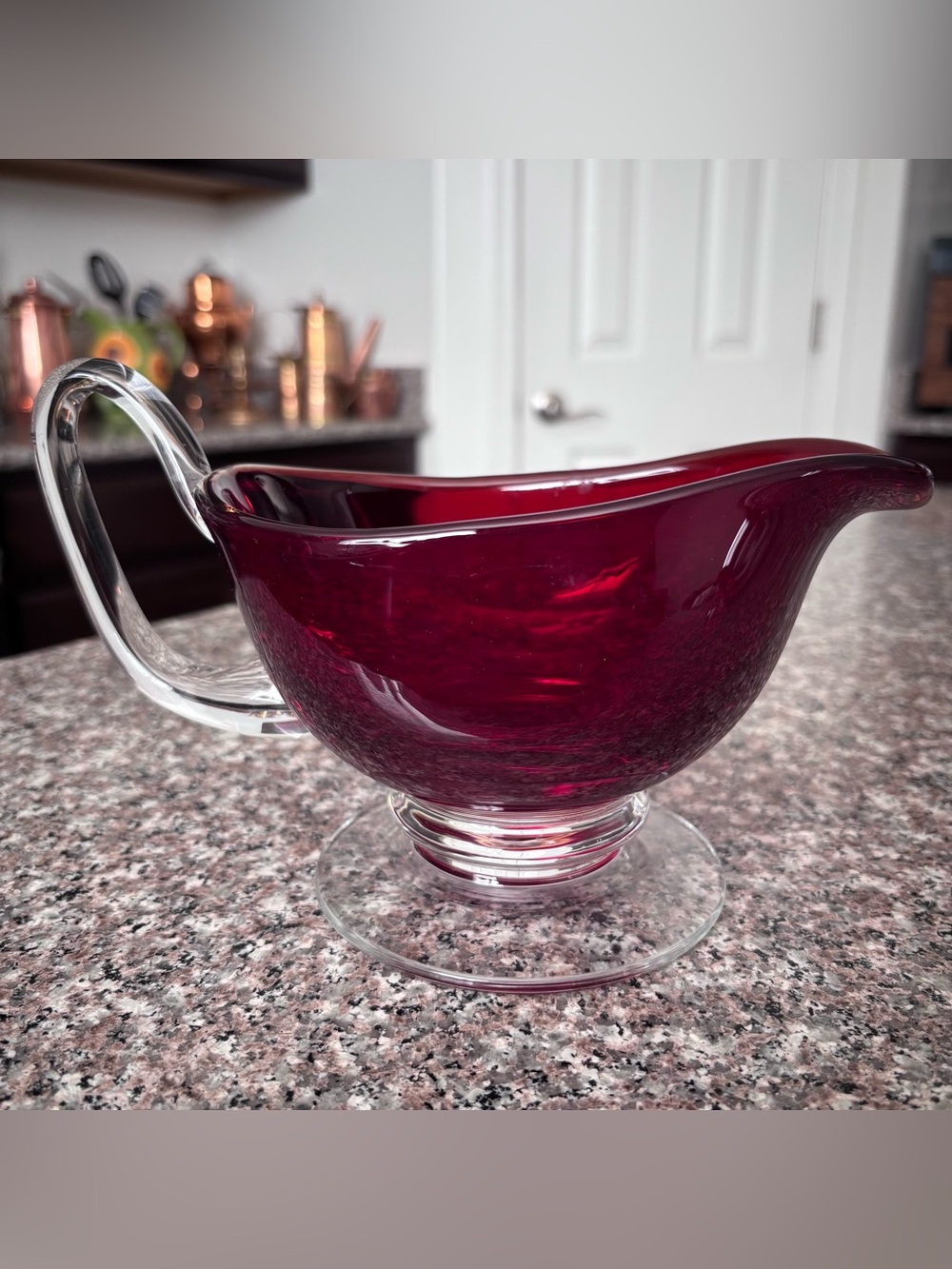 Williams Sonoma Red and Clear Heavy Glass Footed Gravy Sauce Boat